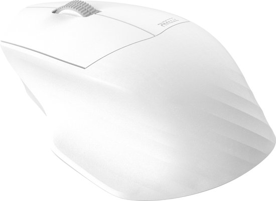 Witte ergonomische draadloze muis met gegroefde zijkant en "PHREEZE" logo.
