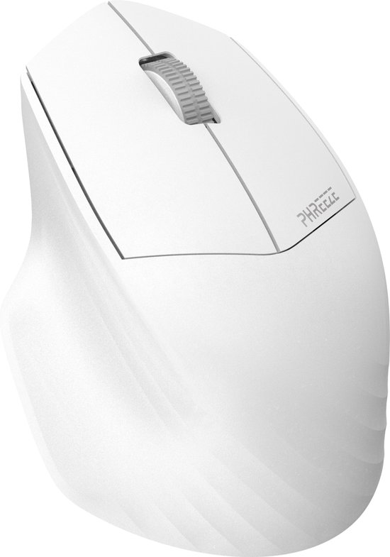 Witte ergonomische draadloze muis, zicht op de zijkant en het "PHREEZE" logo.