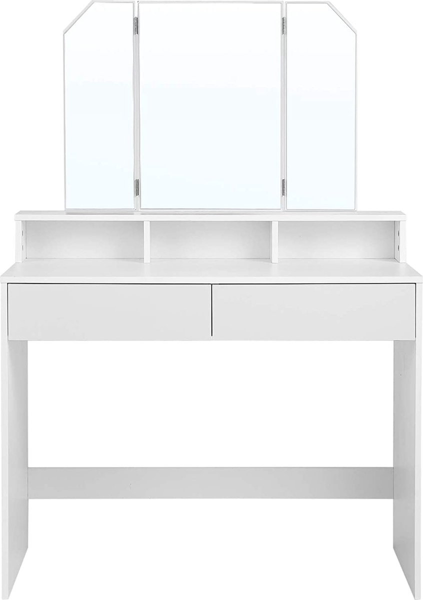 Hoppa! Kaptafel, kaptafel met opklapbare spiegel en 2 laden, cosmetische tafel met 3 open compartimenten, kaptafel, voor make-up, modern, wit