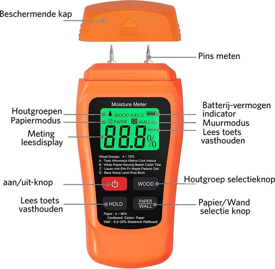 Vochtmeter - voor hout, muur en papier - verlicht LCFD scherm inclusief batterijen en beschermhoes - TRANSNECT