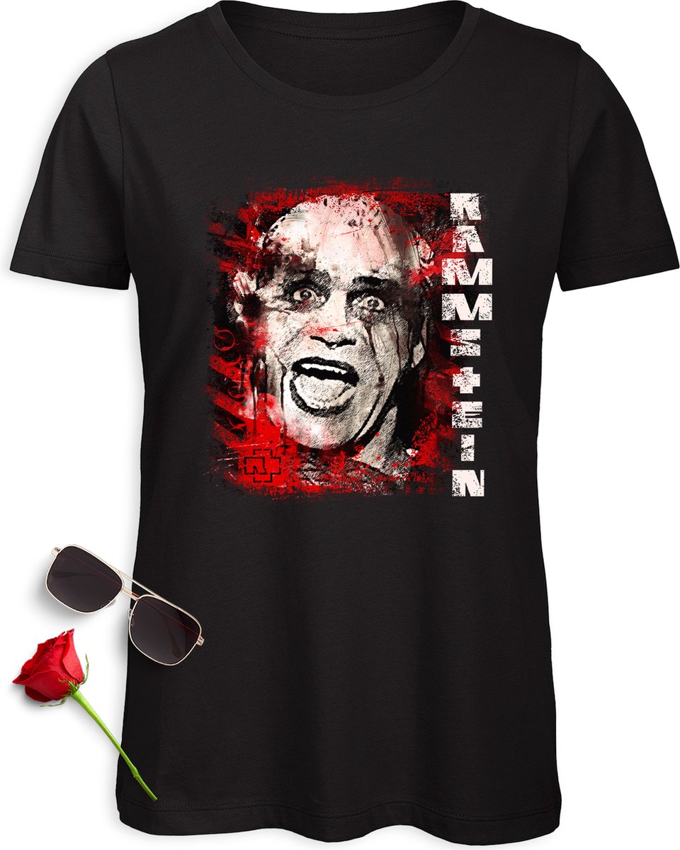 Dames tShirt Rammstein - Vrouwen t-Shirt met Rammstein Print Opdruk - T-shirt maten: S t/m XXL- t Shirt kleur: Zwart.