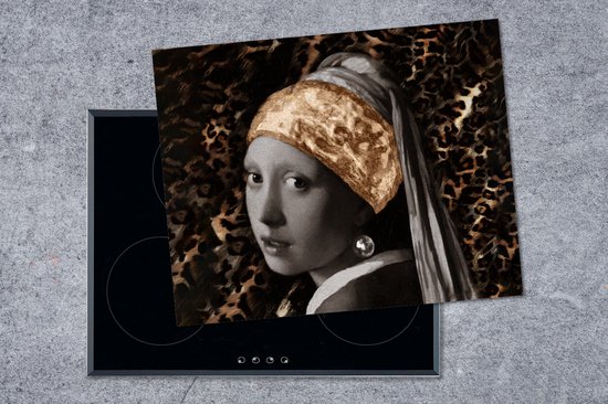 KitchenYeah® Inductie beschermer 71x52 cm - Meisje met de parel - Schilderij - Panterprint - Kookplaataccessoires - Afdekplaat voor kookplaat - Inductiebeschermer - Inductiemat - Inductieplaat mat