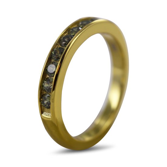 Silventi 9SIL-22106 Zilveren Ring met Zirkonia - Dames - 9 Zirkonia Steentjes - 3 mm - Olijf groen - Maat 56 - 3,5 mm Breed - Zilver - Gold Plated(Verguld/Goud op Zilver)
