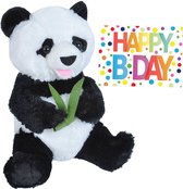 Pluche knuffel panda beer 25 cm met A5-size Happy Birthday wenskaart - Verjaardag cadeau setje