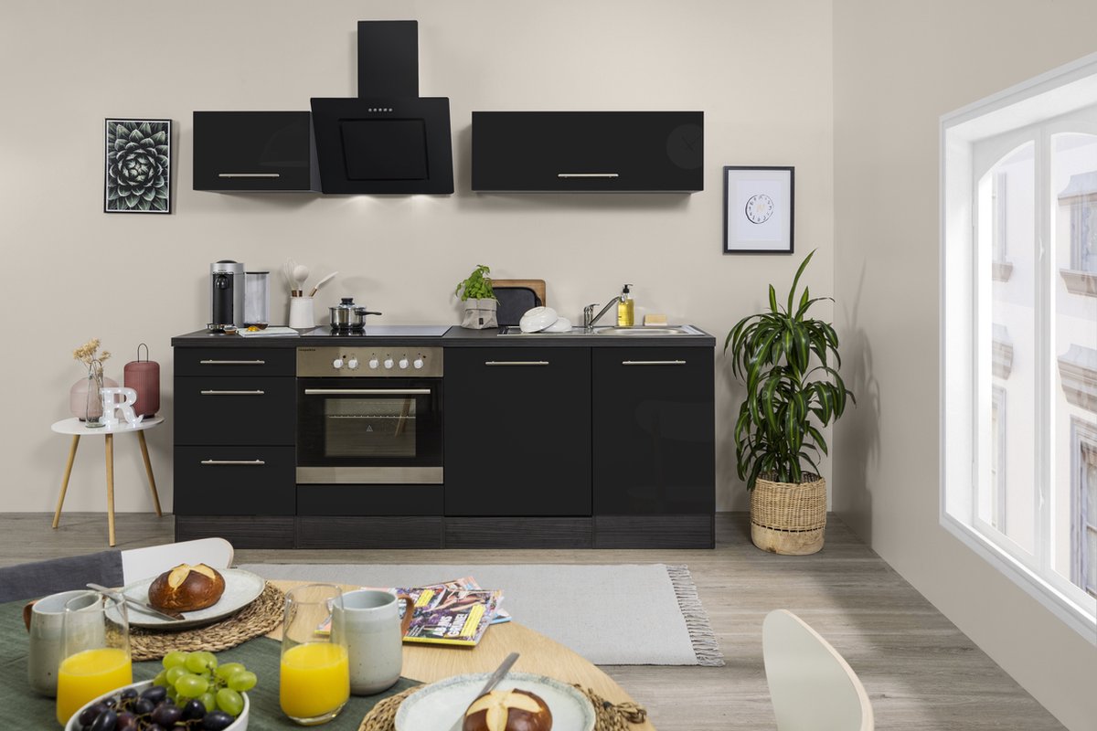 Goedkope keuken 220 cm - complete keuken met apparatuur Amanda - Eiken/Zwart - soft close - keramische kookplaat - vaatwasser - afzuigkap - oven - spoelbak