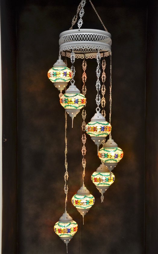 Hanglamp multicolour glas zilver mozaïek Oosterse lamp kroonluchter Crèmewit 7 bollen