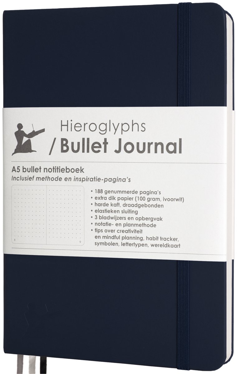 Hieroglyphs Bullet Journal - A5 notitieboek - 100 grams papier - hardcover notebook dotted - met Handleiding en Inspiratie - Nederlands - donkerblauw
