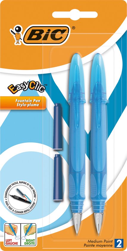 BIC EasyClic Hervulbare Vulpen met blauwe inkt - Ergonomische grip - punt 0.3 mm - Pak van 2 vulpennen en twee navullingen