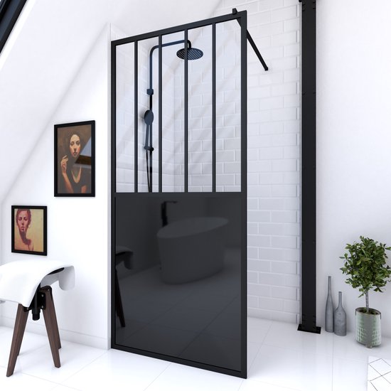 Cabine de douche Aurlane 100x200cm - structure aluminium noir mat - verre 5mm - avec bras support - GLASSY 100