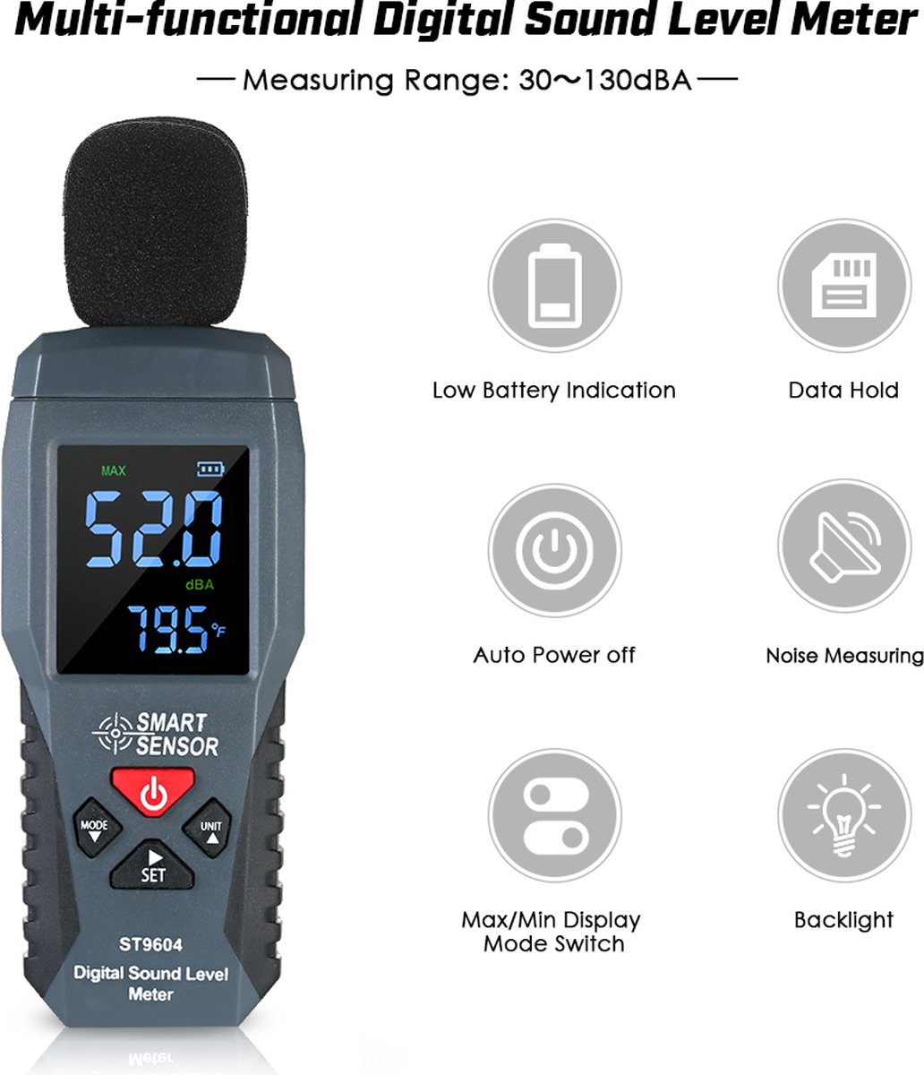 DSLMD - Decibelmeter - Zwembad meter - Smart Sensor -Zwart - db meter- Temperatuurmeter binnen - Temperatuurmeter zwembad -Temperatuurmeter buiten - temperatuurmeter bbq - Tachometer - Geluidsmeters - Geluidsniveaumeter - DSLMD