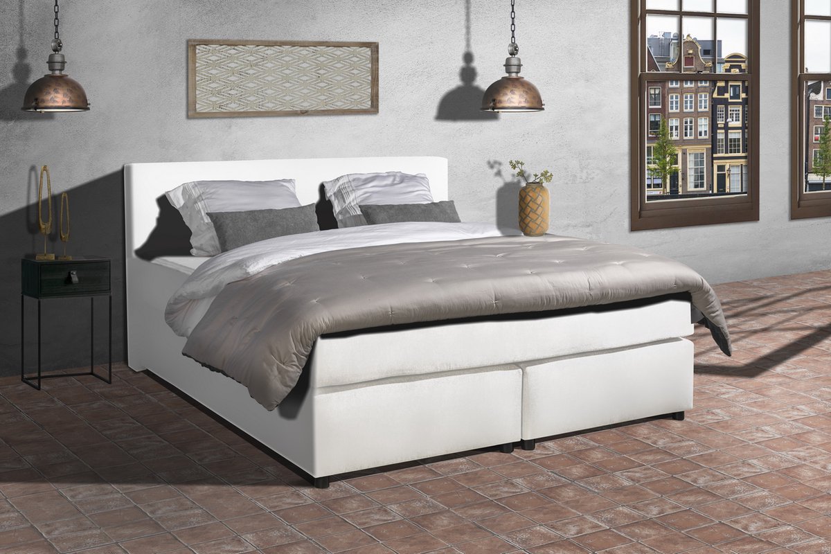 Anno 1588 - Boxspring Amsterdam - Pocketvering - Wit Lederlook - 140x220 cm - Inclusief Dekbed en Kussens