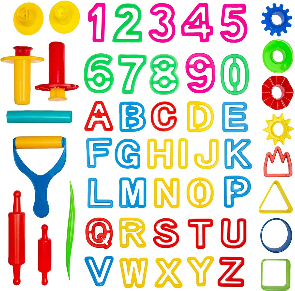 KIDDY DOUGH - 42 kleurrijke uitstekers, mallen en rollen - Letters & Nummers - Gereedschapset voor kinderen - Feestpakket - Voordeelpakket