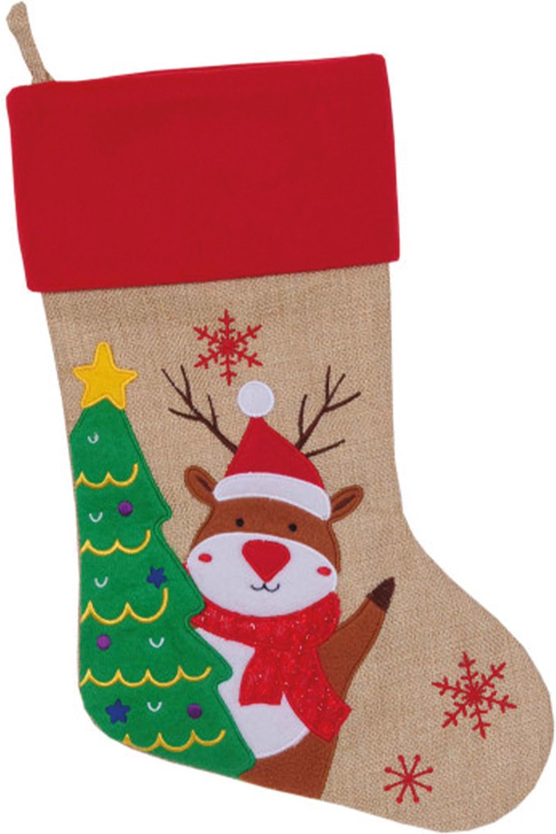 Kerstsok beige/rood met rendier print 46 cm - Kerstversiering/kerstdecoratie kerstsokken