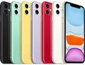 Zes iPhones naast elkaar op een witte achtergrond: zwart, groen, geel, paars, rood en wit. De witte iPhone toont zijn scherm met een kleurenpalet.