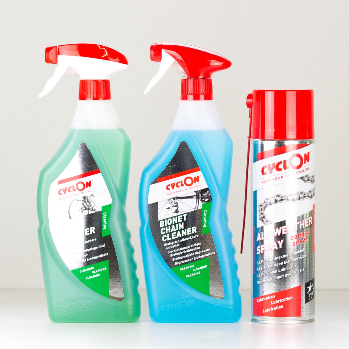 Cyclon "Voordeelpakket" Bike Cleaner Spray 750ml + Bionet Chain Cleaner Spray 750ml + Course Spray 500ml