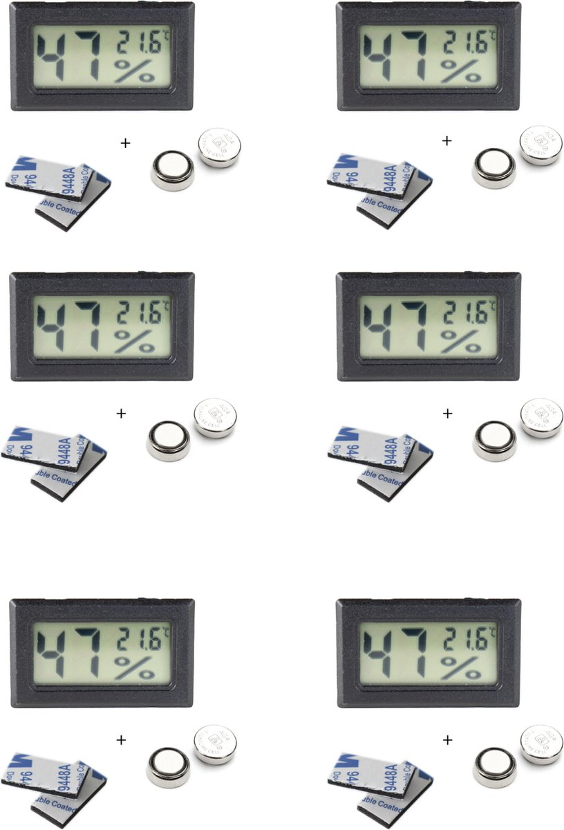 Tool Meister TM1 – Hygrometer & Thermometer - Binnen/Buiten/Koelkast – Digitaal - Zwart - 6 stuks - Incl batterijen