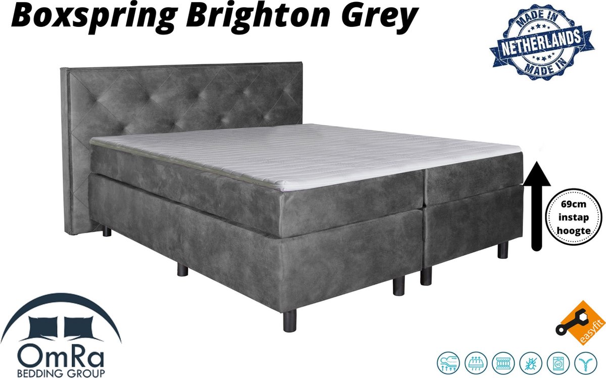 Omra - Complete boxspring - Brighton Grey - 330x200 cm - Inclusief Topdekmatras - Hotel boxspring