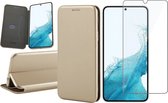 Hoesje geschikt voor Samsung Galaxy S22 - Book Case Lederen Wallet Cover Minimalistisch Pasjeshouder Hoes Goud - Tempered Glass Screenprotector