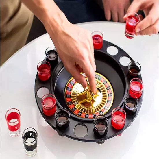 Afbeelding van het spel Drinking roulette - Drank spelletjes - Drankspel - Roulette - Shotjes roulette - Shotjes - Shotjes spel - Shot - 12 Glazen - 2 Balletjes -