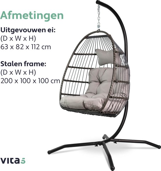 Vita5 Egg Hangstoel – Met Standaard – Binnen en Buiten – Cocoon Stoel - Opvouwbaar - Tot 150kg – Incl. Kussen en Waterdichte Beschermhoes – Lichtgrijs
