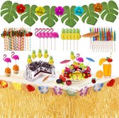 ensemble de décoration de fête | 109 pièces | Jupe de table Hawaï | Feuilles de palmier | Réutilisable | parapluie cocktail | Pailles | Fleurs | Plastique | Fête d'été | Soirée à thème