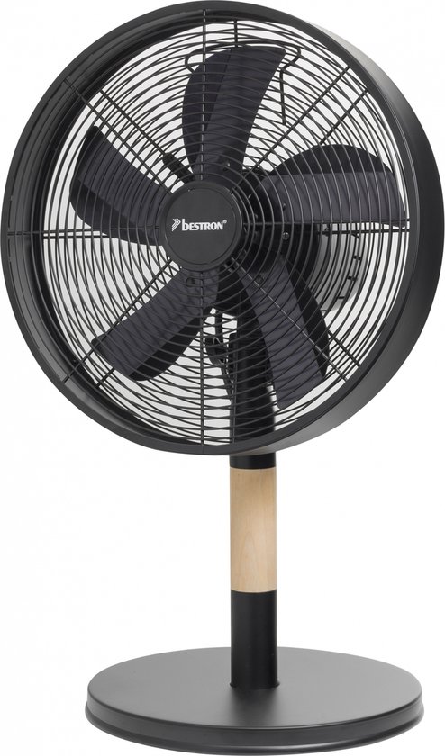 Tafelventilator Vito 35 cm hout en zwart metaal, koper motor, zwenkfunctie, geruisarm, 5 jaar garantie