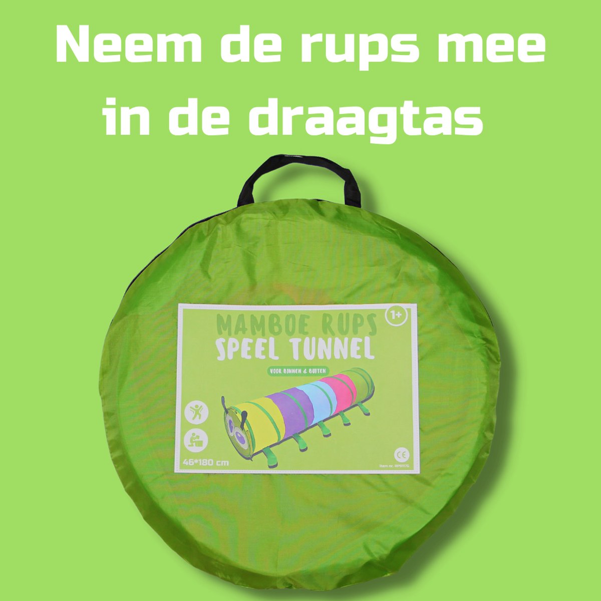 Mamboe Kruiptunnel Rups - 180x46cm - Inclusief Draagtas - Speeltunnel voor Kinderen - Kruiprol - Opvouwbaar - Voor Binnen en Buiten — afbeelding 5