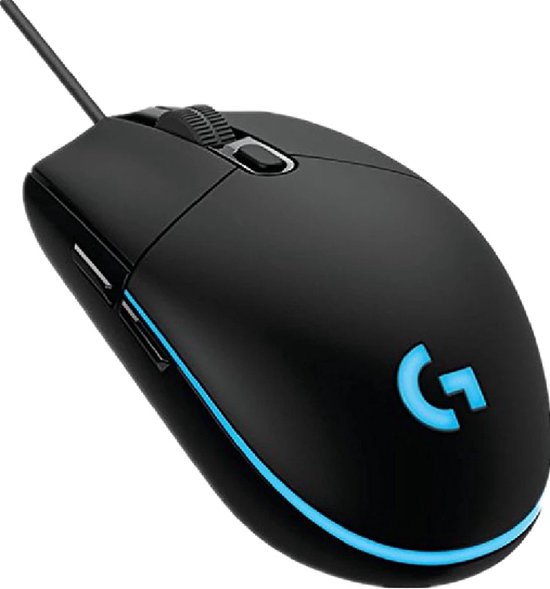 Zwarte Logitech G gamingmuis met een heldere blauwe RGB-verlichting langs de rand.