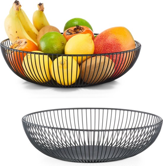 Foto: 2x zwarte ronde fruitschalen metaal 28 cm zeller keukenaccessoires benodigdheden fruitschalen fruitmanden fruitschalen van metaal