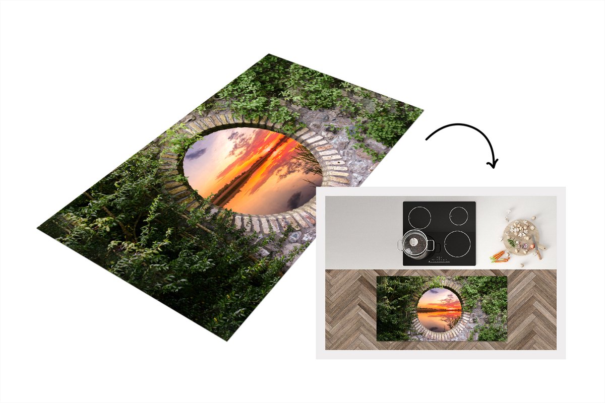 KitchenYeah Keukenloper - Loper keuken - Zee - Zonsondergang - Doorkijk - 120x60 cm - Keukenloper vinyl Multicolor