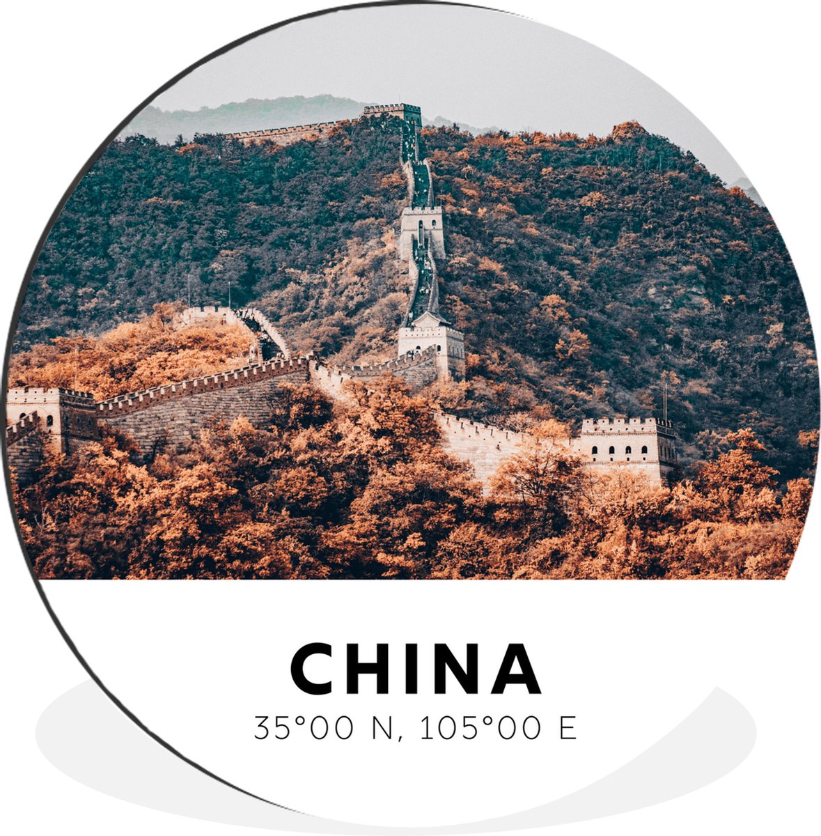 WallCircle Wandcirkel - Muurcirkel - China - Chinese Muur - Herfst - Aluminium - Dibond - 30x30 cm - Binnen en Buiten Multicolor