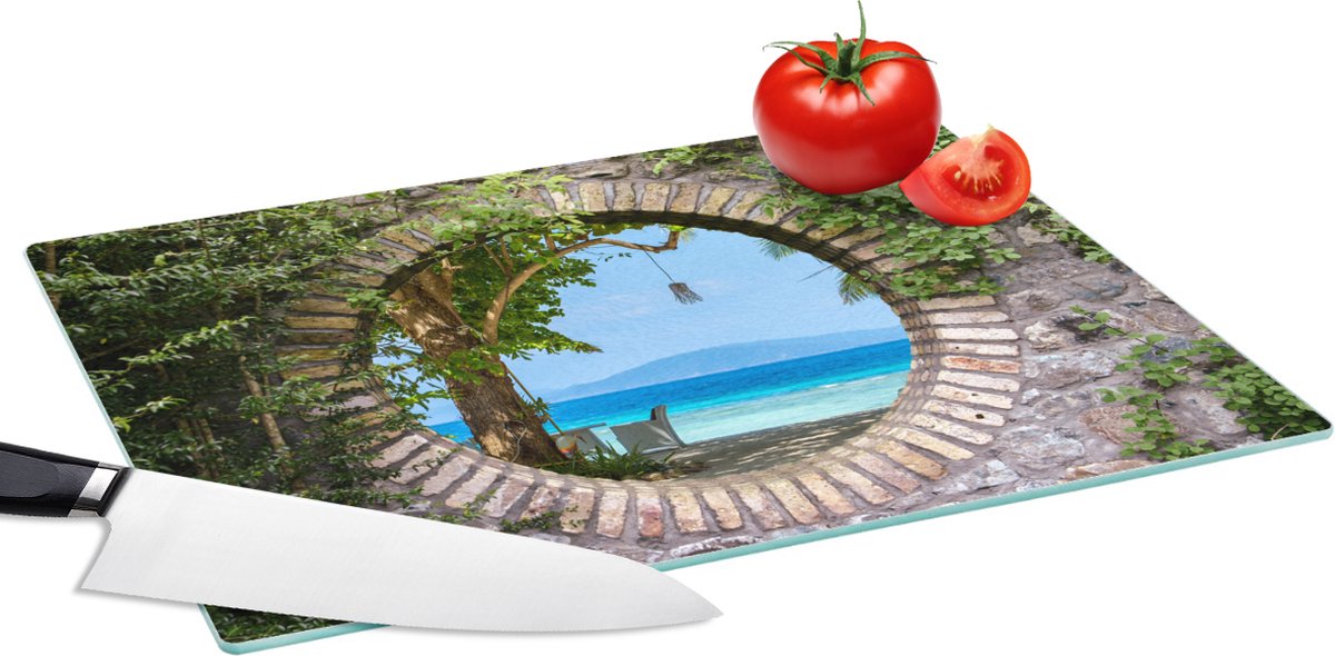 Glazen Snijplank - 39x28 - Strand - Doorkijk - Tropisch - Strandstoel - Snijplanken Glas