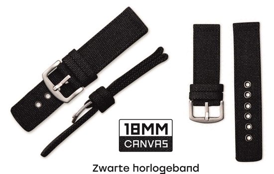 Bracelet de montre en toile 18 mm Zwart adapté pour Casio Seiko Citizen et toutes les autres marques | Bracelet de montre | Bracelet de montre
