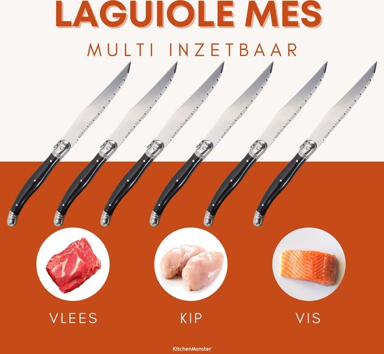 Laguiole messen set van 6 stuks, geschikt voor vlees, kip en vis.