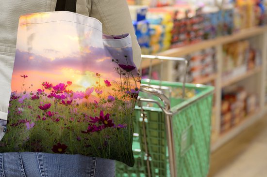 Sac bandoulière - Sac de plage - Big Shopper - Cabas - Fleurs - Rose - Coucher de soleil - Nature - Prairie - Horizon - 40x40 cm - Sac en coton