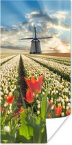 Poster Windmolen - Tulpen - Lucht - Natuur - 80x160 cm