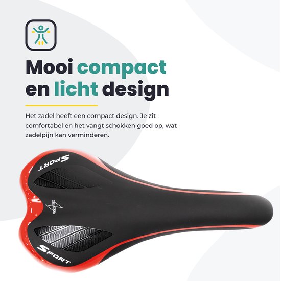 Zwart fietszadel met rode accenten, "SPORT" tekst. Compact en licht ontwerp.