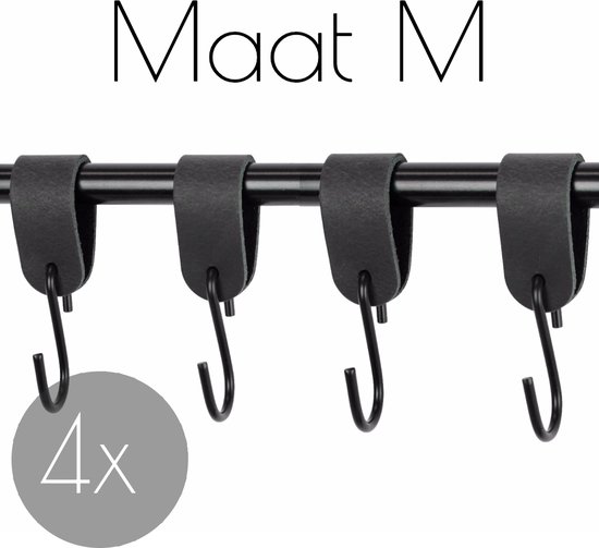 4x Leren S-haak hangers - Handles and more® | VINTAGE BLACK - maat M (Leren S-haken - S haken - handdoekkaakje - kapstokhaak - ophanghaken)