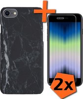 Hoesje Geschikt voor iPhone SE 2022 Hoesje Marmeren Case Hardcover Hoes Marmer Met 2x Screenprotector - Hoesje Geschikt voor iPhone SE (2022) Marmer Hoes - Zwart