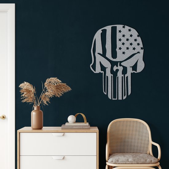 Wanddecoratie | Schedel / Skull | Metal - Wall Art | Muurdecoratie | Woonkamer | Buiten Decor |Zilver| 53x76cm