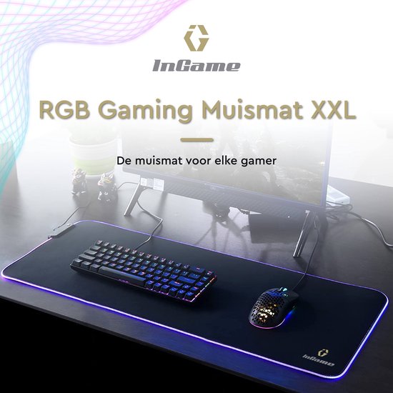 InGame RGB Gaming Muismat XXL - LED Verlichting Muismat - Muismat LED - Antislip Muismat - Waterproof - Extra Breed en Lang - Zwart - InGame