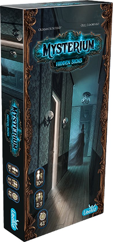 Doos van het bordspel Mysterium Hidden Signs met op de voorkant een gang met een spookfiguur.