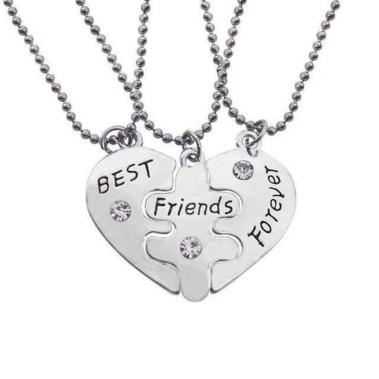 Bixorp Friends BFF Ketting voor 3 met Zilverkleurige Puzzelstukjes "Best Friends Forever" - Best Friends Ketting Vriendschap Cadeau voor Drie