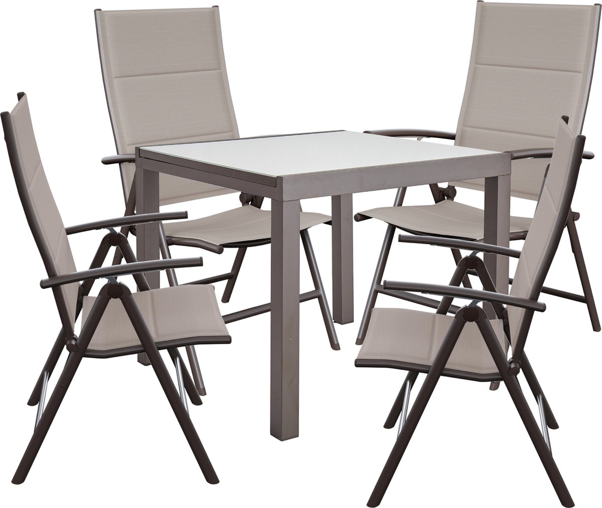 NATERIAL- Tuinmeubelset voor 4 personen - Tuintafel LYRA 90/160x90cm - Uitschuifbare tafel - 4 tuinstoelen - Verstelbaar - Opklapbare fauteuil - Hoge rugleuning - Zitgroep - Balkonmeubelset