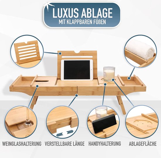 badplank voor boek, iPad, tablet - uittrekbaar badplank, dienblad, voor de badkamer