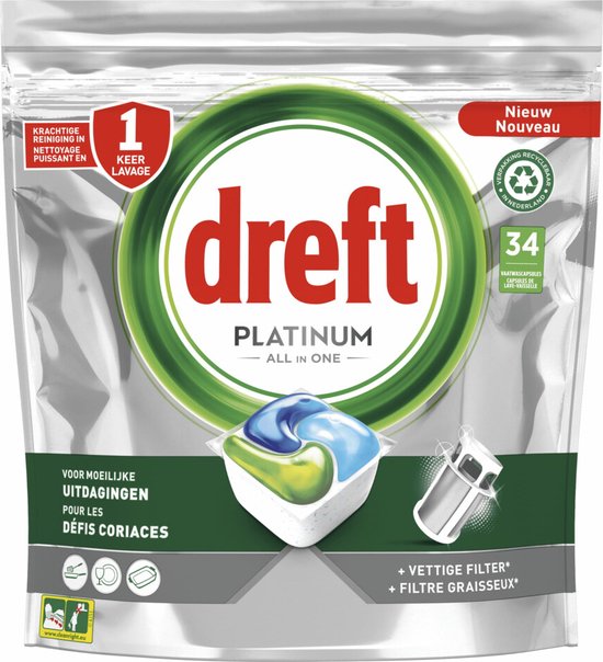 Dreft Platinum All In One Vaatwastabletten Regular - Voordeelverpakking 5 x 34 stuks