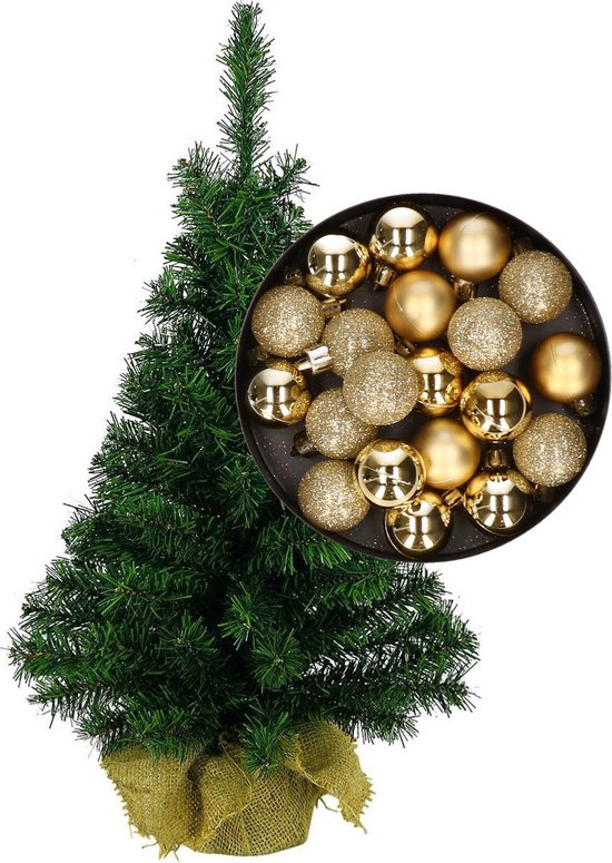 Mini kerstboom/kunst kerstboom H35 cm inclusief kerstballen goud - Kerstversiering