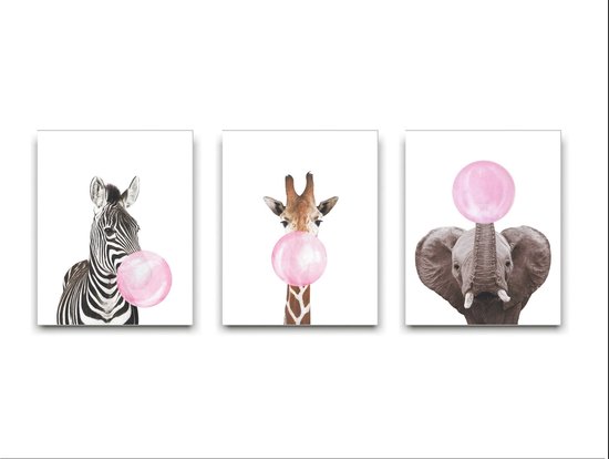 Schilderij  Set 3 Zebra Giraf Olifant met Roze Kauwgom - Kinderkamer - Dieren Schilderij - Babykamer / Kinder Schilderij - Babyshower Cadeau - Muurdecoratie - 40x30cm - FramedCity