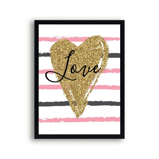 Poster Love Gouden Hart met Grijs Roze Lijnen - Kinderkamer - Meisjeskamer - Valentijn Cadeau - 50x40cm - Postercity