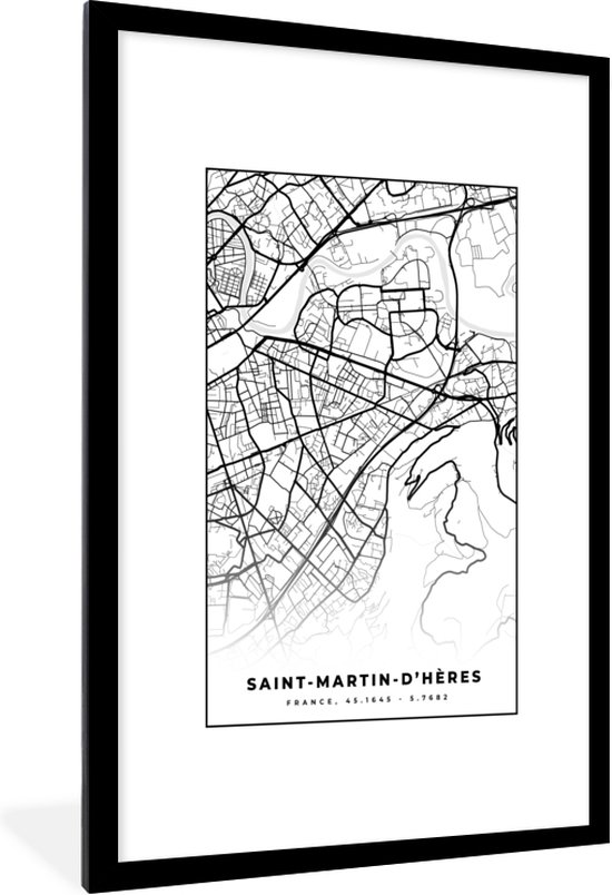 Fotolijst incl. Poster Zwart Wit- Stadskaart – Plattegrond – Kaart – Saint-Martin-d'Hères - Frankrijk - Zwart wit - 80x120 cm - Posterlijst